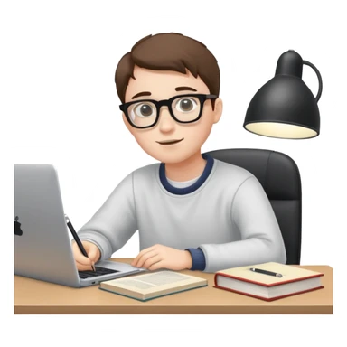Student with glasses studying at desk with books and laptop sticker