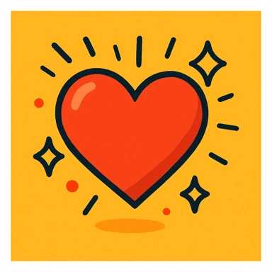 red heart with lines and sparkles showing growth, vibrant cartoon style sticker