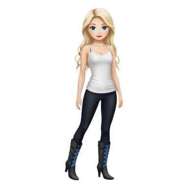 Blonde model silk balayage long hair herringbone braid women with blue eyes wearing White Spaghetti top and black Leggins and Boots with heels sticker