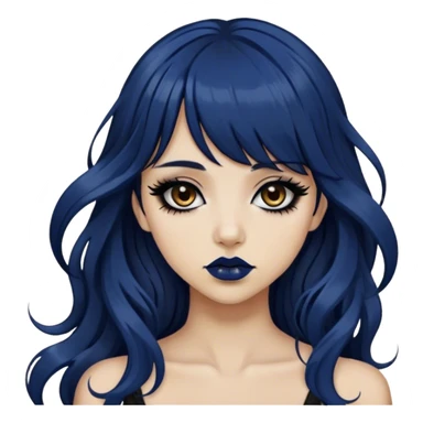 alternative / emo tan girl with very long dark blue wavy hair, bangs, brown lipstick, long black eyeliner, long eyelashes, and dark brown eyes  sticker