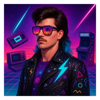 retro-futuristic 80s man with mullet hairstyle with neon blue ends, airbrushed sunglasses with pink to violet gradient and palm/sunset reflection, leather jacket with lightning, cosmic, and Memphis Design elements, neon gradient background with perspective grid, laser beams, cassettes, arcade games, Commodore 64, electric blue, fuchsia, turquoise, ultraviolet colors sticker