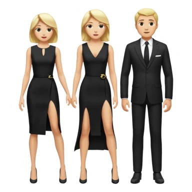 Blonde woman, black, Long, tight, sleveless Dress, Slot left Leg,man in suit, fly sticker