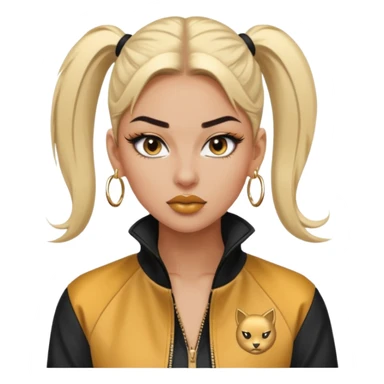 “Emoji girl, fierce confident expression, sharp winged eyeliner, bold brows, matte nude lips, long lashes, sleek high ponytail, wearing gold hoop earrings and sporty streetwear jacket.” sticker