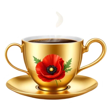 A luxurious golden coffee cup with an elegant curved handle, filled with steaming espresso. The light reflects off its metallic surface, creating a cozy and sophisticated ambiance and red poppies  sticker