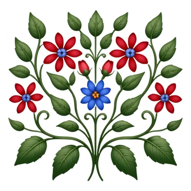 dull green leaves & red & blue flowers filigree design, extremely detailed, complex design sticker