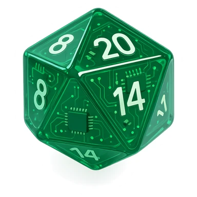 D20 dice, modern, sleek design, vibrant colors, glossy finish, green sticker