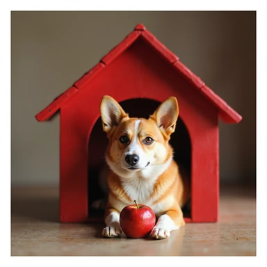 realistic red dog house with a Corgi dog inside, Corgi with a apple, photorealistic style sticker