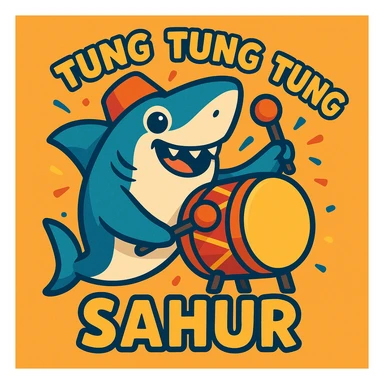 cute shark holding a drum, with 'tung tung tung sahur' text, cheerful and festive, cartoon style sticker