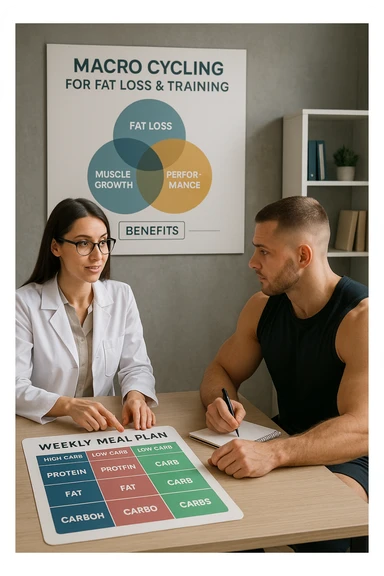 a nutritionist explains to an athlete how to cycle macronutrients for fat loss and training. On the desk, a weekly meal planner shows alternating high-carb and low-carb days, with color-coded sections for proteine, grassi, and carbo. The athlete takes notes, and a chart in the background illustrates the benefits of nutrient cycling. The mood is professional and educational. scritto in italiano sticker