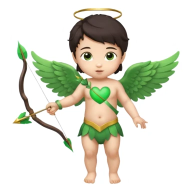 cupid asian baby flying full body with wings with brown eyes and dark hair handled bow and arrow directed to green heart and looking to heart sticker