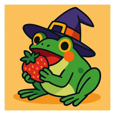 a frog wearing a witch hat and eating a strawberry, cartoon style sticker