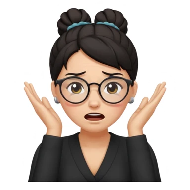 dark haired woma with hair a high bun, wearing glasses covering ears and crying sticker
