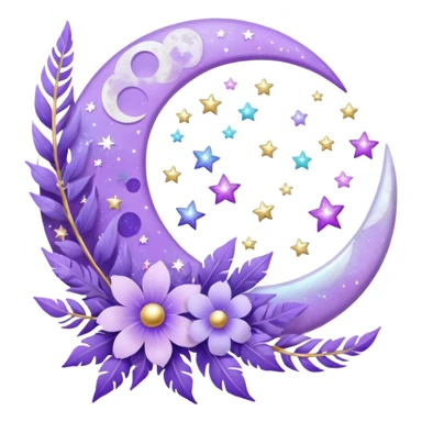 Beautiful poetic ethereal romantic aesthetic sparkly glittery shiny pretty floating pastel lilac lavender Violet -moon and flowers and leaves and feathers and sparkles and stars aesthetic deco sticker