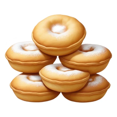 Cinematic Realistic image of simple round buñuelos, depicted with a lightly crisp, golden exterior and soft, airy interior, dusted with a subtle layer of powdered sugar and set against a rustic backdrop with warm, inviting lighting. sticker