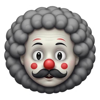 a melancholic clown character with a round gray face, half-closed sleepy eyes with long lashes, a big black round nose, and thick black mustache. Dark fluffy cloud-like hair on the sides of the head.  sticker