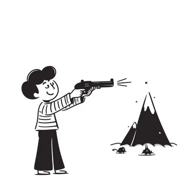 Hand drawn little guy with a toy gun shooting at a mountain with tiny goons sticker