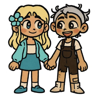 Create a couple image of these two cartoon characters standing side by side, both holding hands and smiling sweetly, matching their style, transparent background. sticker