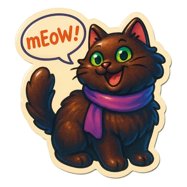 Fluffy cute playfull silly smiling happy dark-brown cat with green eyes and a purple scarf saying ‘mEoW~!’ (With a speech bubble) sticker