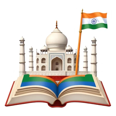 An icon featuring the Taj Mahal and the flag of India, symbolizing the Hindi language. The design includes an open book with Hindi script and a traditional Indian flute, representing language learning and cultural richness. Transparent background highlights the heritage of India. sticker