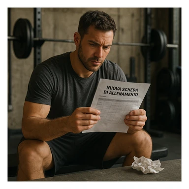 Uomo seduto su una panca in palestra che legge una nuova scheda di allenamento scritta in italiano, vecchia scheda accartocciata accanto, atmosfera realistica, dettagli iperrealistici 4K. sticker