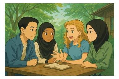 Le vent souffle dans les arbres à l'arrière-plan, les feuilles bougent, style ghibli, même composition que l'image de référence. sticker