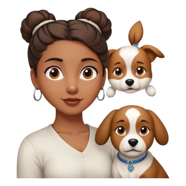 smart, 30 year old, brown girl, back bun hairstyle, with a big white brown dog sticker