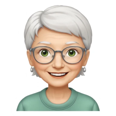 Create me emoji of an old lady. Short white hair to left side. Square glasses. Gray-green eyes. Big smile. sticker
