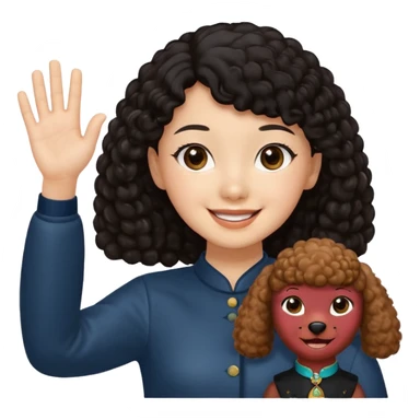 Brown poodle with Asia girl waving left hand sticker