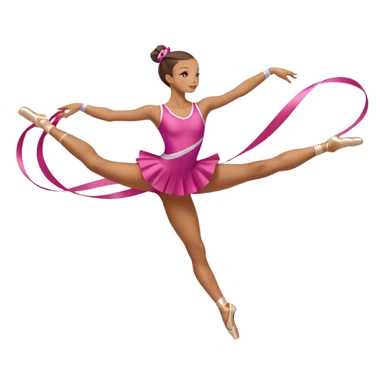A graceful rhythmic gymnast performing with a flowing ribbon, executing an elegant leap mid-air. The pose exudes flexibility, balance, and artistry. The background suggests a competition arena with soft lighting, emphasizing movement, precision, and the beauty of the sport. sticker