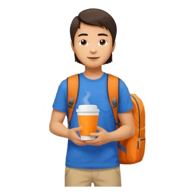 an asian man in blue t-shirt with orange cup of coffee and backpack on the back. Eiffel tower on the background. shoulder length  sticker