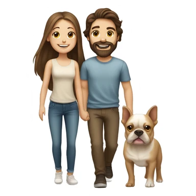 Brunette happy couple boy with beard and girl  with long hair with one cute beige French bull dog  sticker
