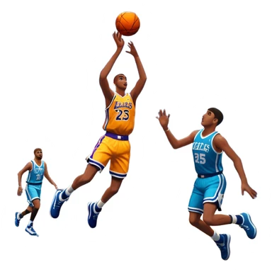 An icon featuring a basketball court with players in action, inspired by NBA 2K25. A player jumps for a dunk, with the ball mid-air. Bright lights illuminate the court, symbolizing the excitement of sports simulation games. Transparent background emphasizes the energy. sticker