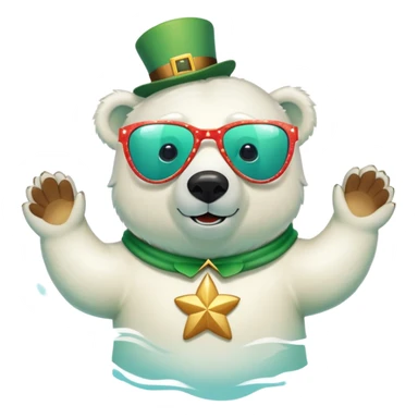 friendly anthropomorphised polar bear wearing oversized colorful star glasses and festive St. Patrick's Day outfit, swimming with joyful expression sticker