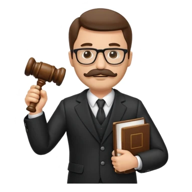 “Create a clean, modern emoji-style illustration of a male lawyer. He is wearing a formal suit jacket. He is holding a judge’s gavel (QUE SE VE DE COSTADO) in one hand and has a law book tucked under his arm. He has a mustache and beard!!, and GLASSES sticker