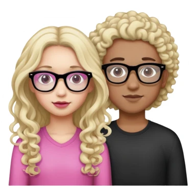 Girl with Long Curly Dark Brown Hair, Pink glasses, And a mixed skin tone. Boy with white skin tone, Long Blonde Hair and black glasses  sticker