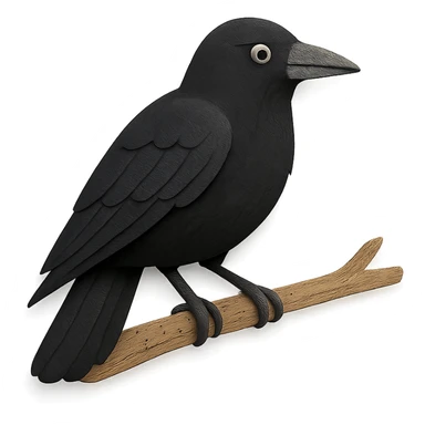 close-up of an American Crow perched on a tree branch, fine paper edges, expressive eye, black plumage sticker