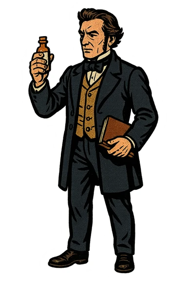 The full body of a male English surgeon from the 1800s holding a small bottle of medicine and a note book sticker