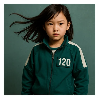 A girl with sideways hair, wearing a Squid Game-style coat with the number 120 on the right side of the coat sticker