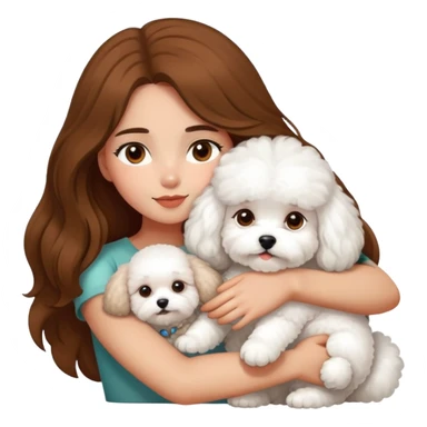 A beautiful olive skinned girl with long brown hair, hugging a white bichon frise sticker