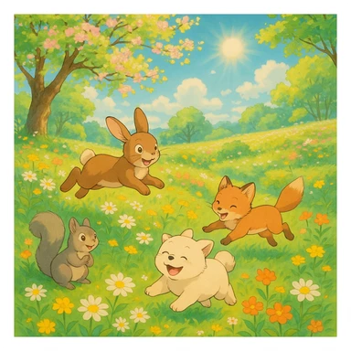 spring in ghibli style, sunny meadow, playful animals, bright sunlight, cheerful mood sticker