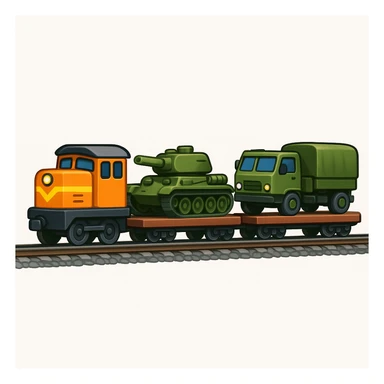 Create a highly realistic image of an ordinary cargo train transporting military equipment such as tanks and trucks, in a classic emoji style. This is variant 3. sticker