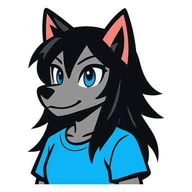 anime style wolf furry character with blue eyes, long black hair, wearing a light blue shirt sticker