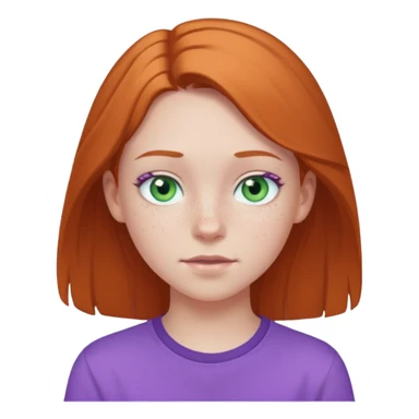 pale white teen girl with light blueish green eyes and freckles and purple shirt sticker