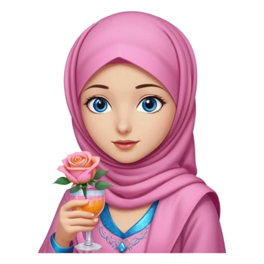 Turkish beautiful finish Konya girl blue eyes with  pink hijab islamic dress and had on her hand Glittery rose mocktail with orange light pink roses sticker