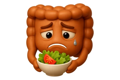 EMOJI STILE IPHONE DI UN INTESTINO UMANO ANATOMICO CHE GUARDA UN INSALATA CON ESPRESSIONE TRISTE E RASSEGNATA IN VOLTO: SOFFRE LA FAME PERCHé è A DIETA, FAGLI ANCHE LA PARTE BIANCA DEGLI OCCHI, NON SOLO LE PUPILLE, IPERREALISTICO 4K sticker