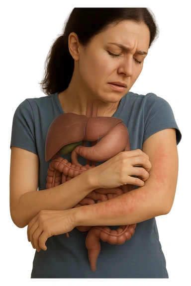 donna con intestino umano anatomico realistico che si gratta il braccio su cui ha un'eritema, iperrealistica 4k sticker