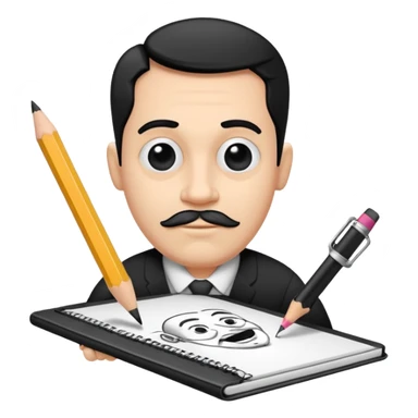 Create an icon representing the process of creating a black-and-white caricature. Include a pencil, a sketchpad with a humorous, exaggerated figure, and inking tools. Use bold lines and shading, with a transparent background. sticker