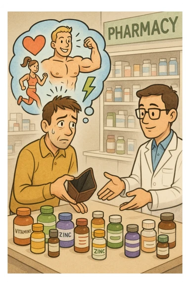 a man stands at a pharmacy counter, handing over a nearly empty wallet to the cashier while the counter is filled with bottles of supplements and vitamins. His expression is hopeful but slightly anxious. In the background, a thought bubble shows exaggerated images of instant health and fitness, symbolizing unrealistic expectations.  sticker