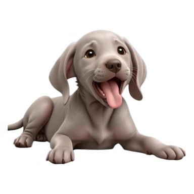 cinematic-cute-yawning-weimaraner puppy-portrait-emoji,-head-tilted-slightly-with-a-dramatic,-wide-open-yawn,-revealing-a-sleek grey fur-with-a-subtle-shimmer,-floppy-ears-slightly-drooping,-round-brown-eyes-barely-open-in-drowsy sticker