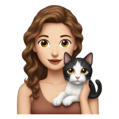 Pretty woman with brown wavy hair holding a black and white cat sticker